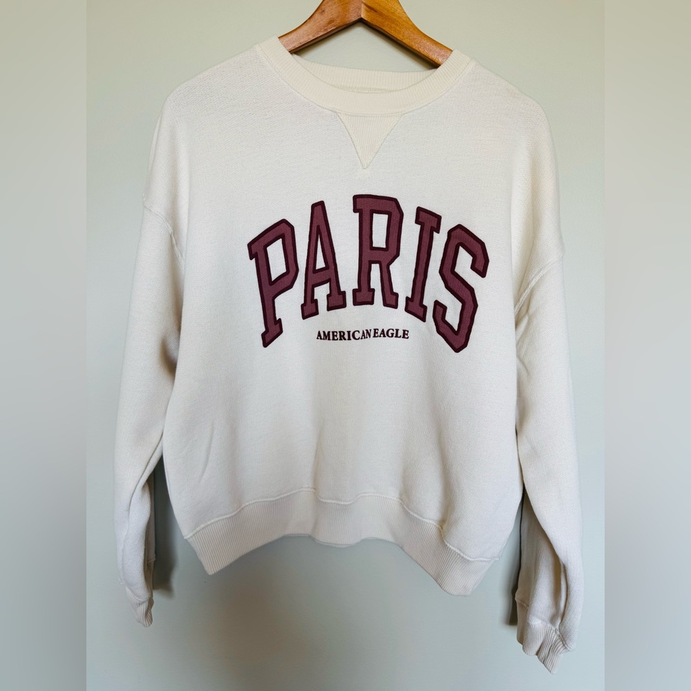 American Eagle Women's Cream Sweater with 'Paris' Design